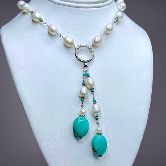 🌺Gorgeous Sterling, Genuine Pearl & Turquoise Necklace - Picture 5 of 14
